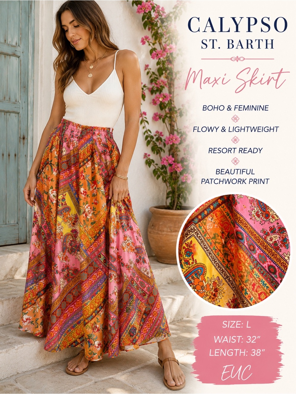 Calypso St. Barth Pink & Orange Patchwork Maxi Skirt